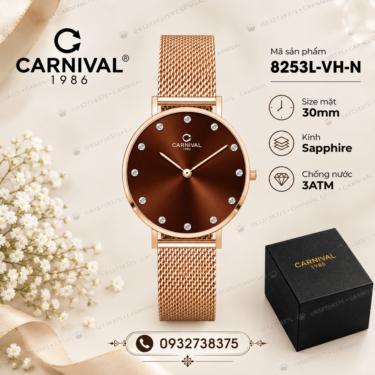 Đồng Hồ Nữ Carnival 8253L-VH-N Dây Mesh Màu Vàng Hồng Mặt Nâu Size 30mm Mỏng Nhỏ Xinh