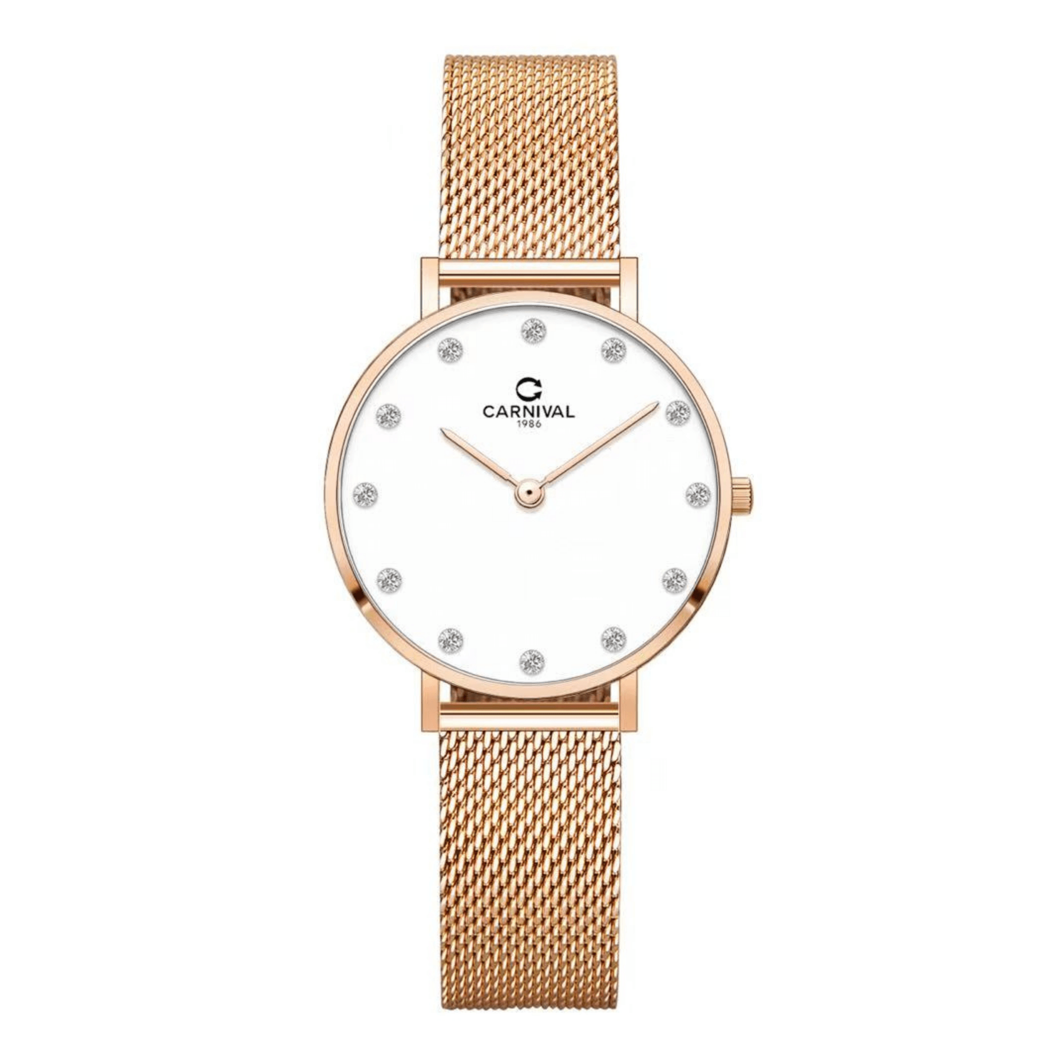 Đồng Hồ Nữ Carnival 8253L-VH-T Dây Mesh Màu Vàng Hồng Mặt Trắng Size 30mm Mỏng Nhỏ Xinh