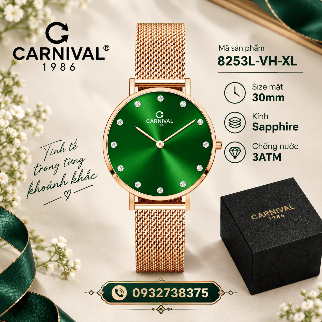 Đồng Hồ Nữ Carnival 8253L-VH-XL Dây Mesh Màu Vàng Hồng Mặt Xanh Lá Size 30mm Mỏng Nhỏ Xinh