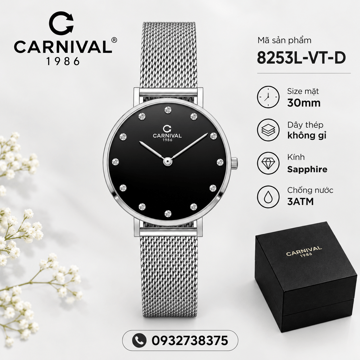 Đồng Hồ Nữ Carnival 8253L-VT-D Dây Mesh Bạc Mặt Đen Size 30mm Mỏng Nhỏ Xinh