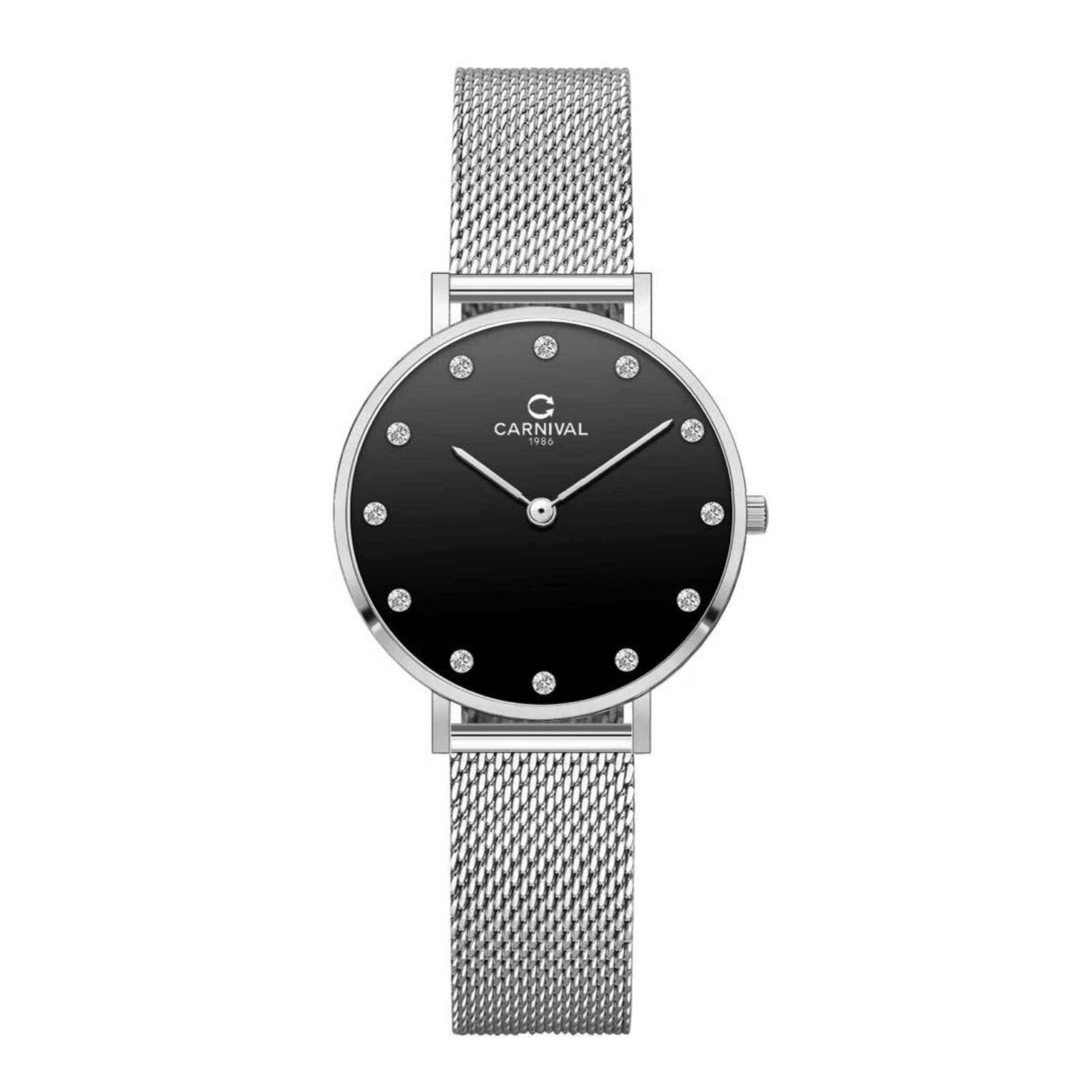 Đồng Hồ Nữ Carnival 8253L-VT-D Dây Mesh Bạc Mặt Đen Size 30mm Mỏng Nhỏ Xinh
