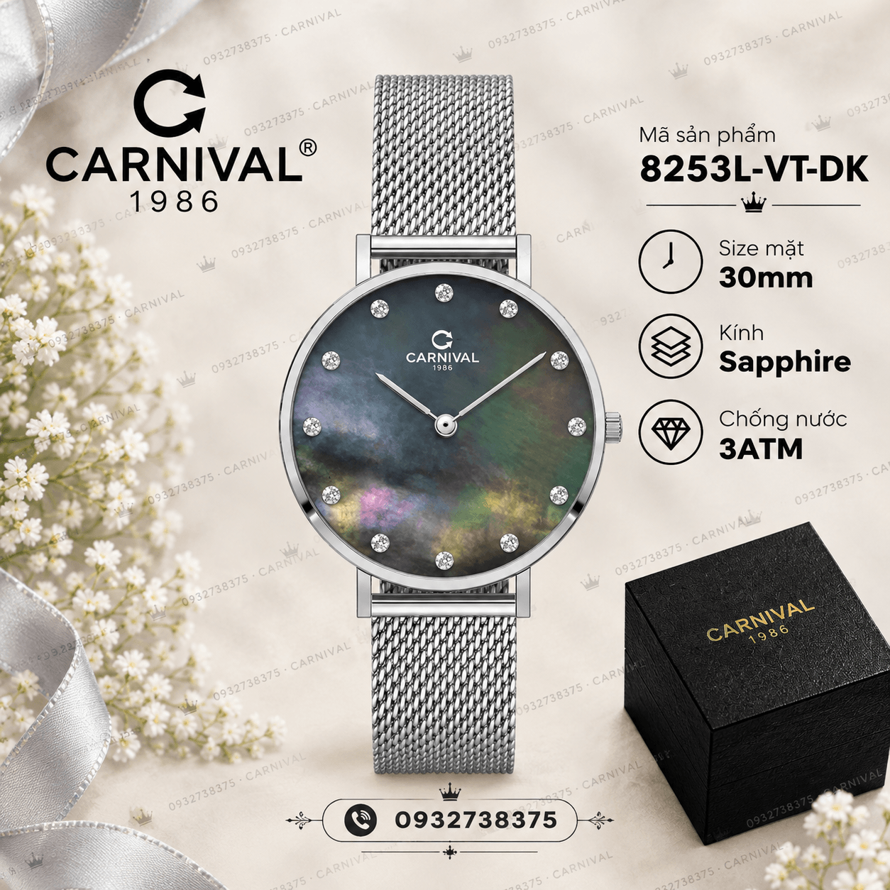 Đồng Hồ Nữ Carnival 8253L-VT-DK Dây Mesh Bạc Mặt Xà Cừ Đen Size 30mm Mỏng Nhỏ Xinh