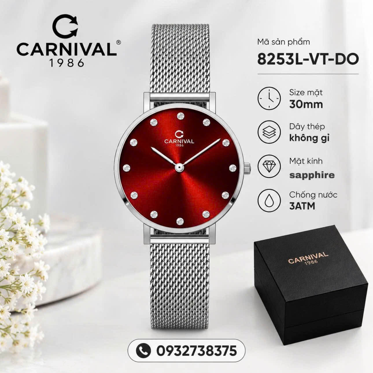 Đồng Hồ Nữ Carnival 8253L-VT-DO Dây Mesh Bạc Mặt Đỏ Size 30mm Mỏng Nhỏ Xinh