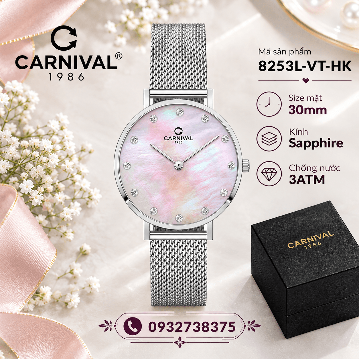 Đồng Hồ Nữ Carnival 8253L-VT-HK Dây Mesh Bạc Mặt Xà Cừ Hồng Size 30mm Mỏng Nhỏ Xinh