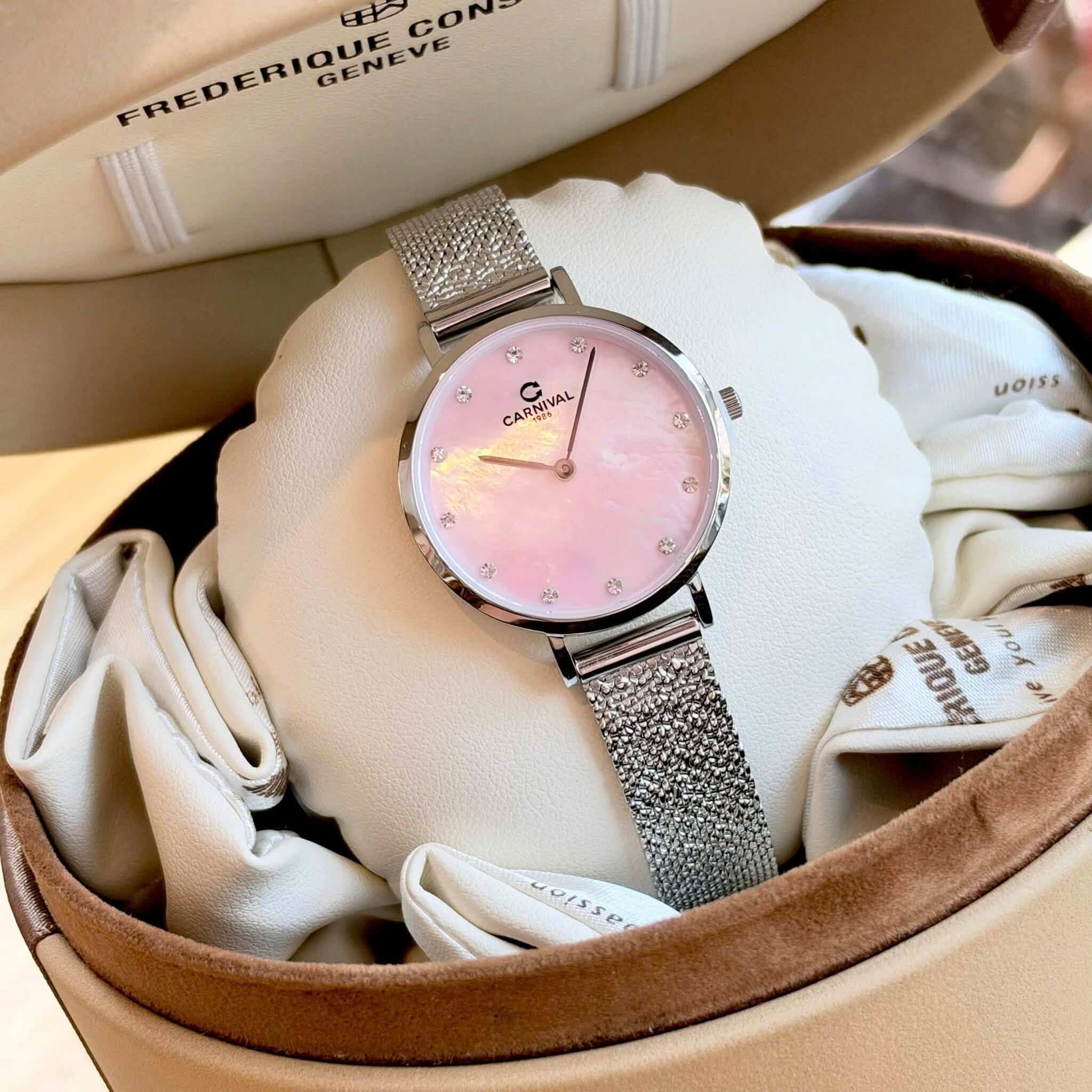 Đồng Hồ Nữ Carnival 8253L-VT-HK Dây Mesh Bạc Mặt Xà Cừ Hồng Size 30mm Mỏng Nhỏ Xinh