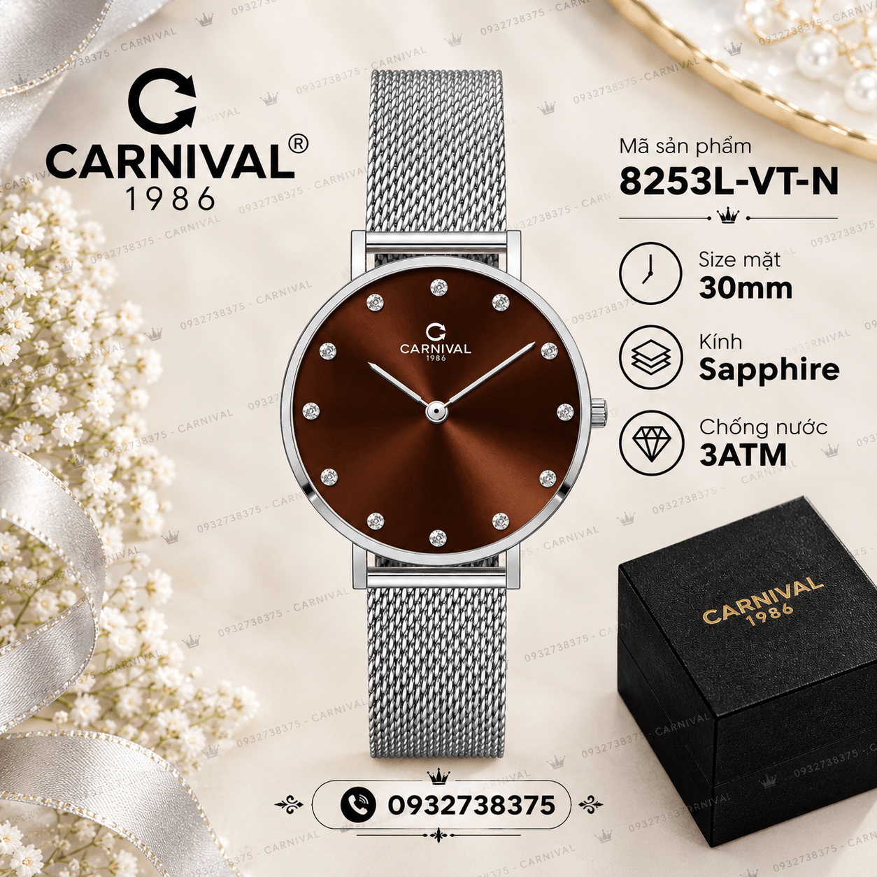 Đồng Hồ Nữ Carnival 8253L-VT-N Dây Mesh Bạc Mặt Nâu Size 30mm Mỏng Nhỏ Xinh