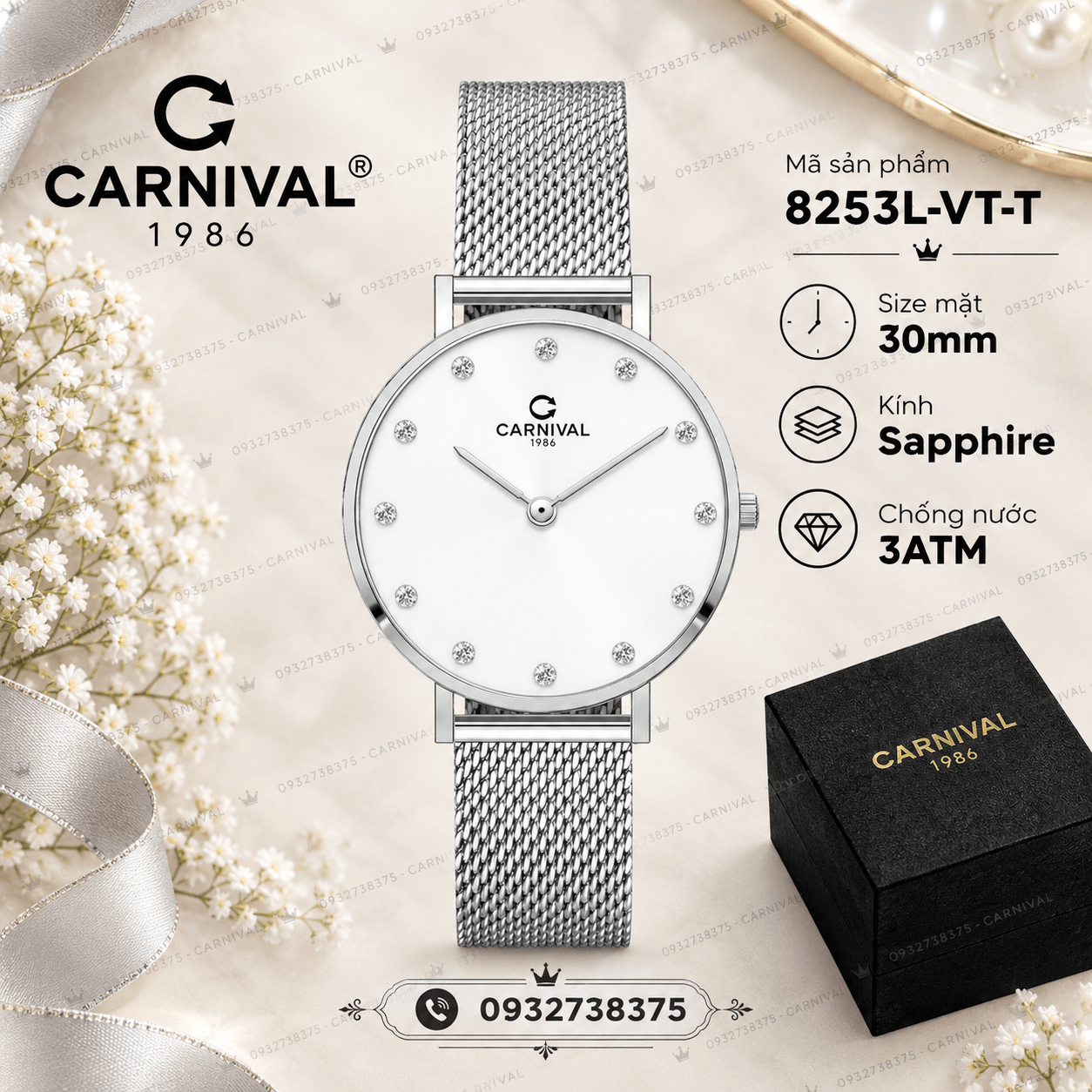 Đồng Hồ Nữ Carnival 8253L-VT-T Dây Mesh Bạc Mặt Trắng Size 30mm Mỏng Nhỏ Xinh