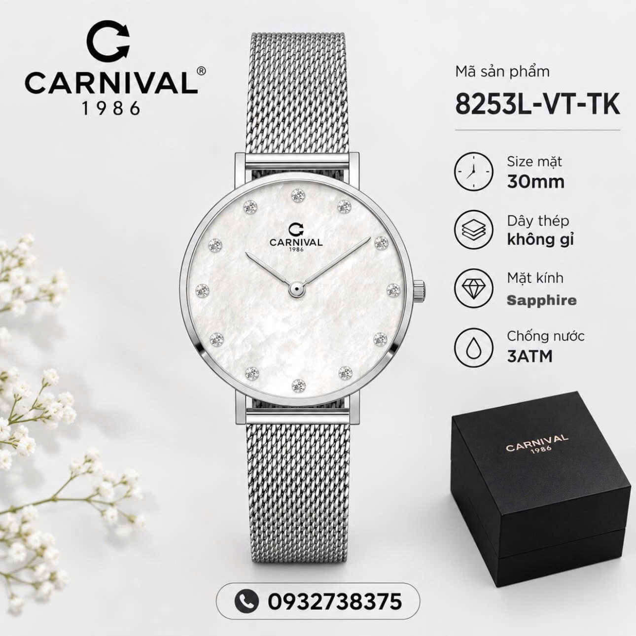 Đồng Hồ Nữ Carnival 8253L-VT-TK Dây Mesh Bạc Mặt Xà Cừ Trắng Size 30mm Mỏng Nhỏ Xinh
