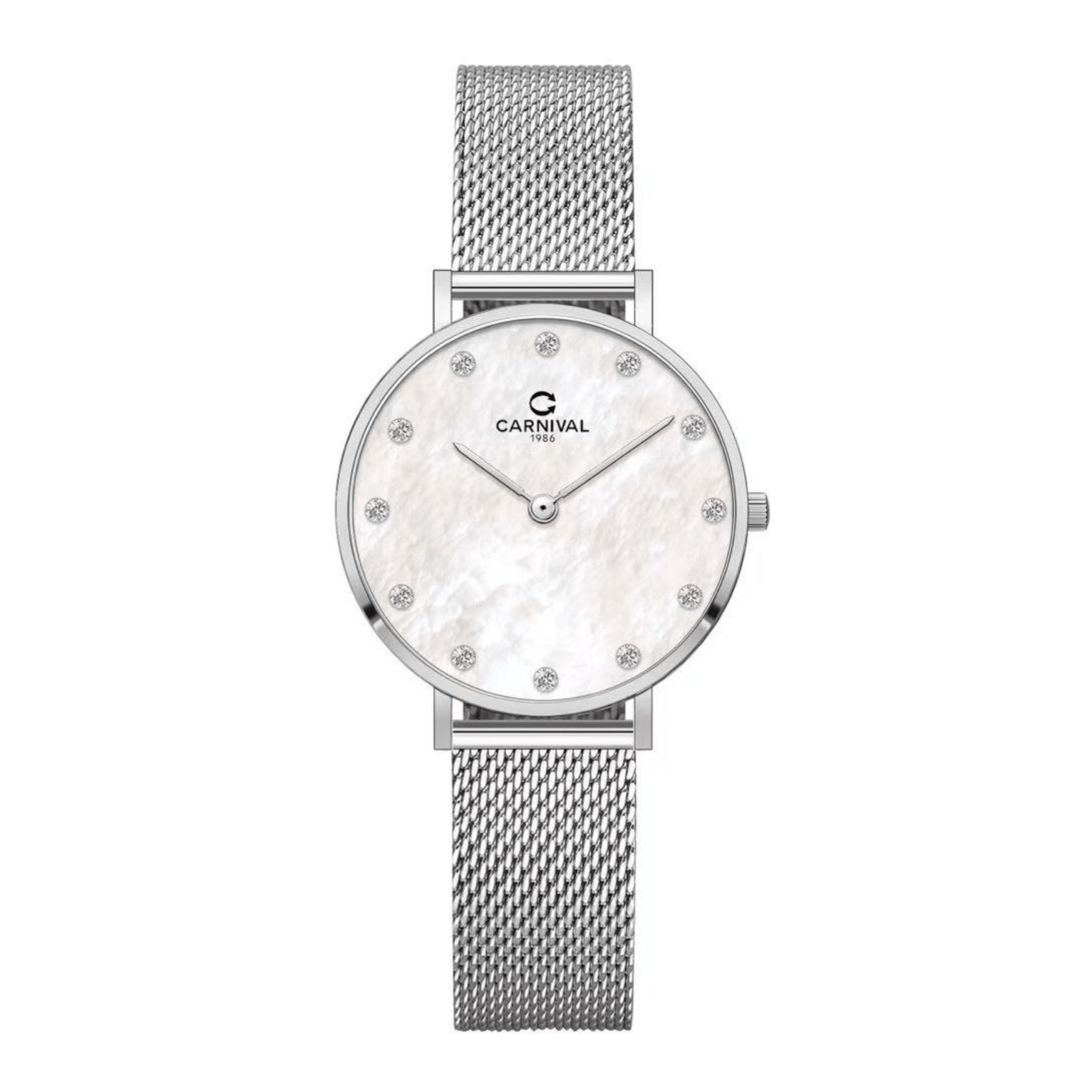 Đồng Hồ Nữ Carnival 8253L-VT-TK Dây Mesh Bạc Mặt Xà Cừ Trắng Size 30mm Mỏng Nhỏ Xinh