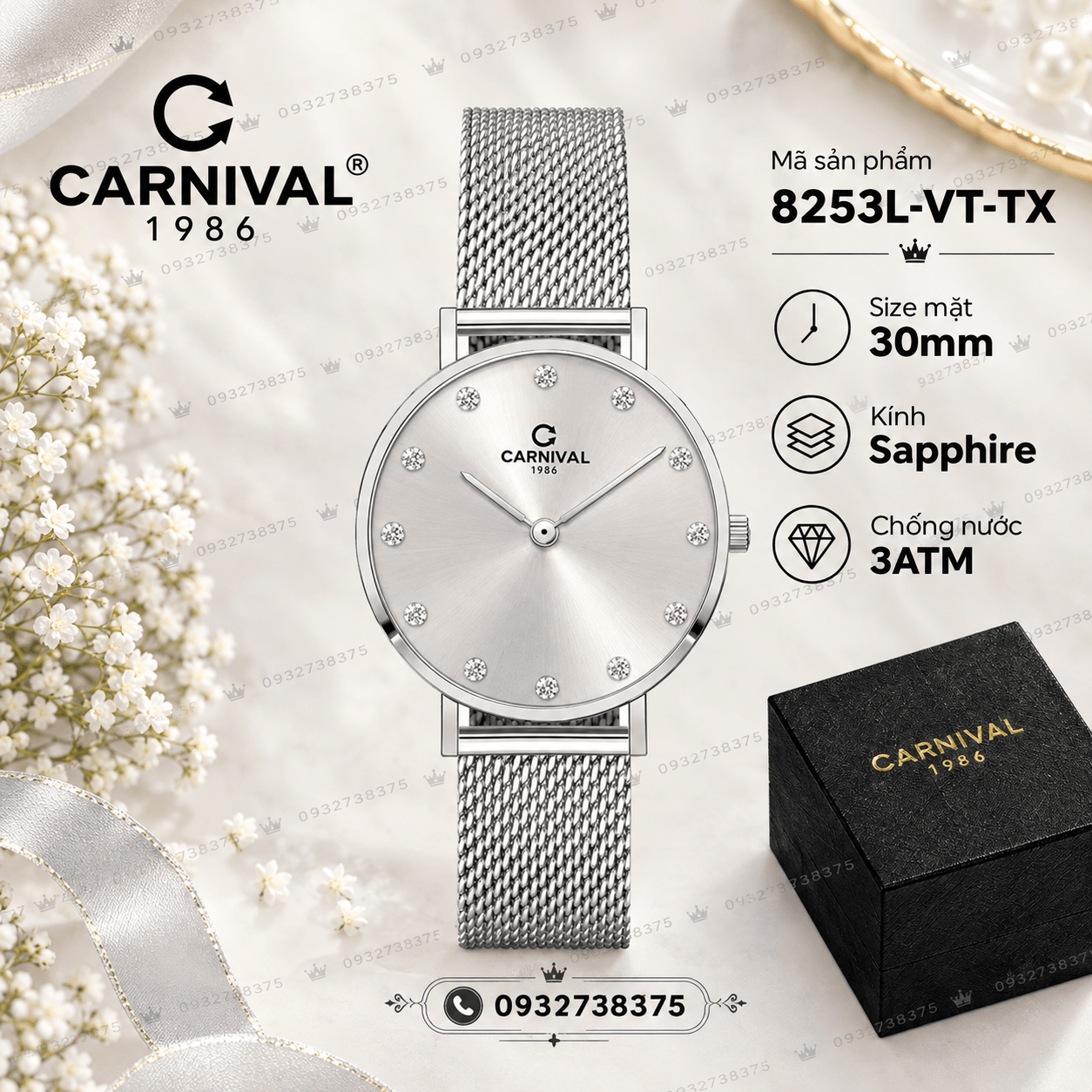 Đồng Hồ Nữ Carnival 8253L-VT-TX Dây Mesh Bạc Mặt Xám Grey Size 30mm Mỏng Nhỏ Xinh
