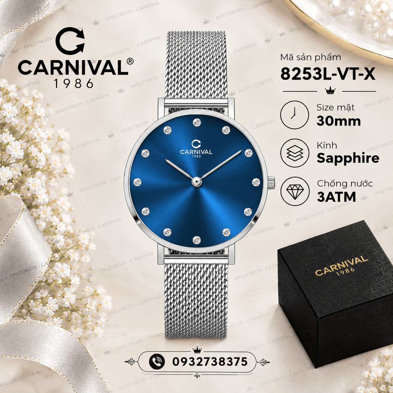 Đồng Hồ Nữ Carnival 8253L-VT-X Dây Mesh Bạc Mặt Xanh Coban Size 30mm Mỏng Nhỏ Xinh