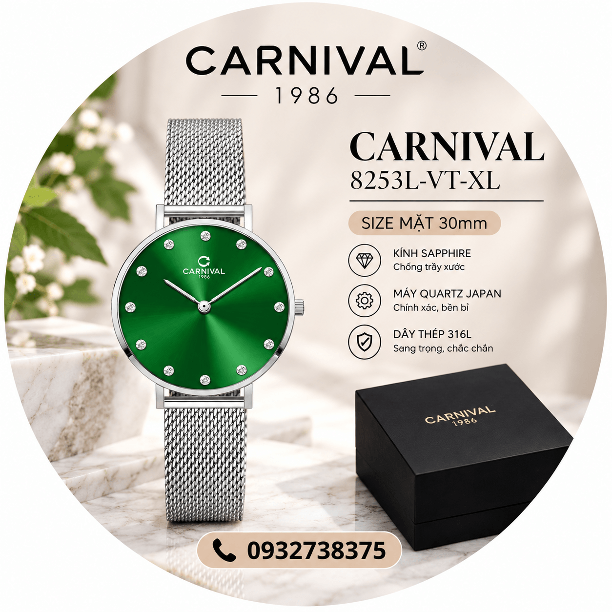 Đồng Hồ Nữ Carnival 8253L-VT-XL Dây Mesh Bạc Mặt Xanh Lá Size 30mm Mỏng Nhỏ Xinh