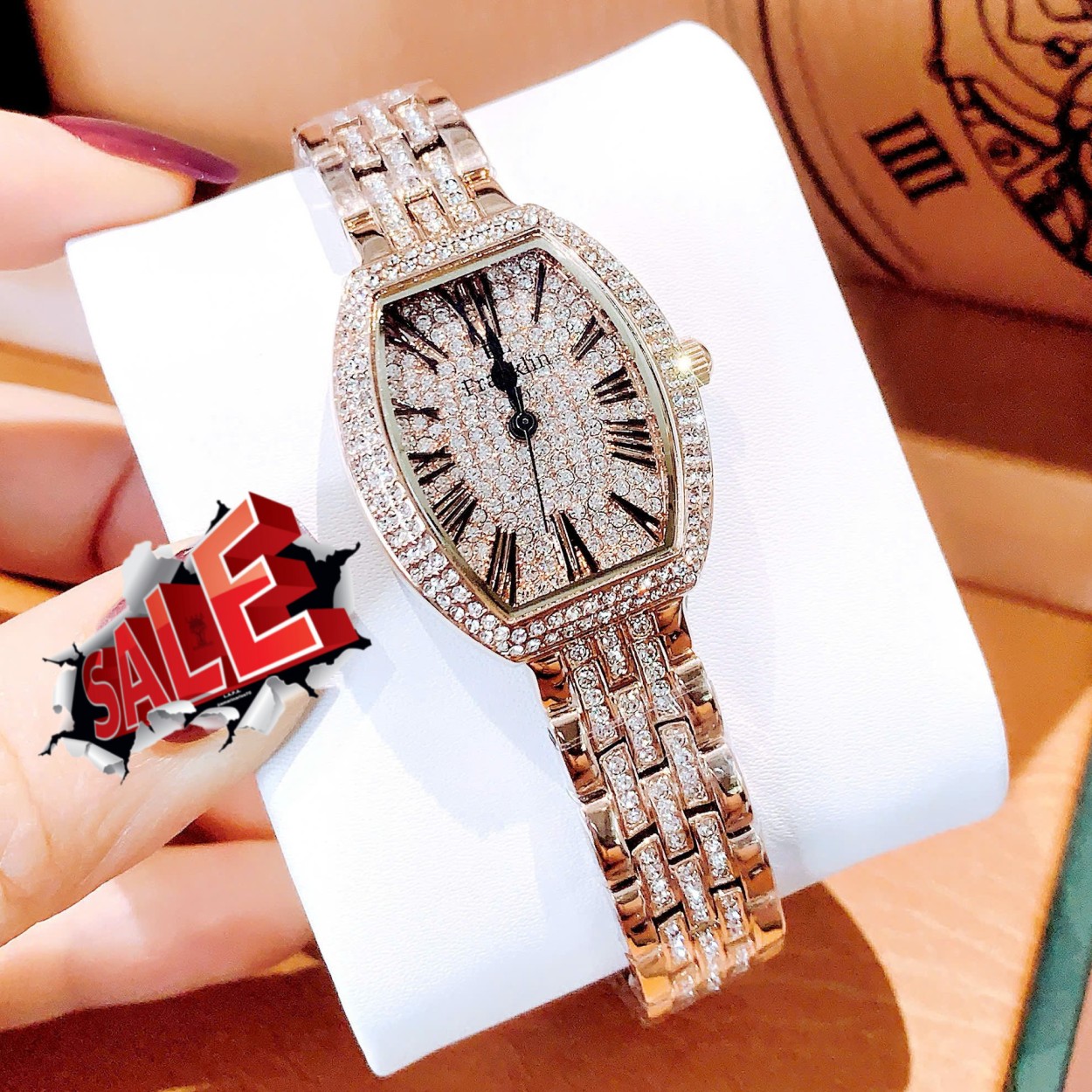 Đồng hồ Franklin nữ mặt oval đính đá màu vàng hồng, đồng hồ nữ size nhỏ 30mm Quartz
