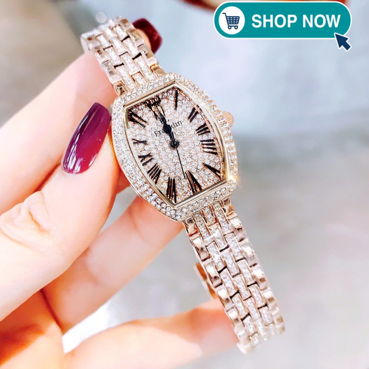 Đồng hồ Franklin nữ mặt oval đính đá màu vàng hồng, đồng hồ nữ size nhỏ 30mm Quartz