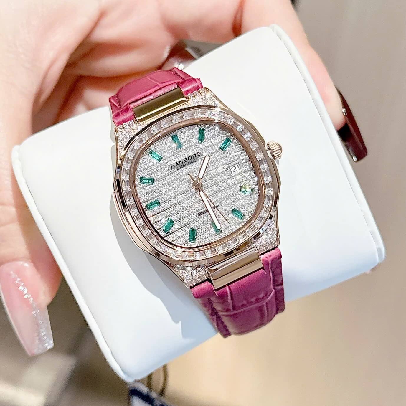 Đồng Hồ Nữ Hanboro Dây Da Tím Mặt Đính Đá Rose Size 36mm Quartz Japan Chính Hãng