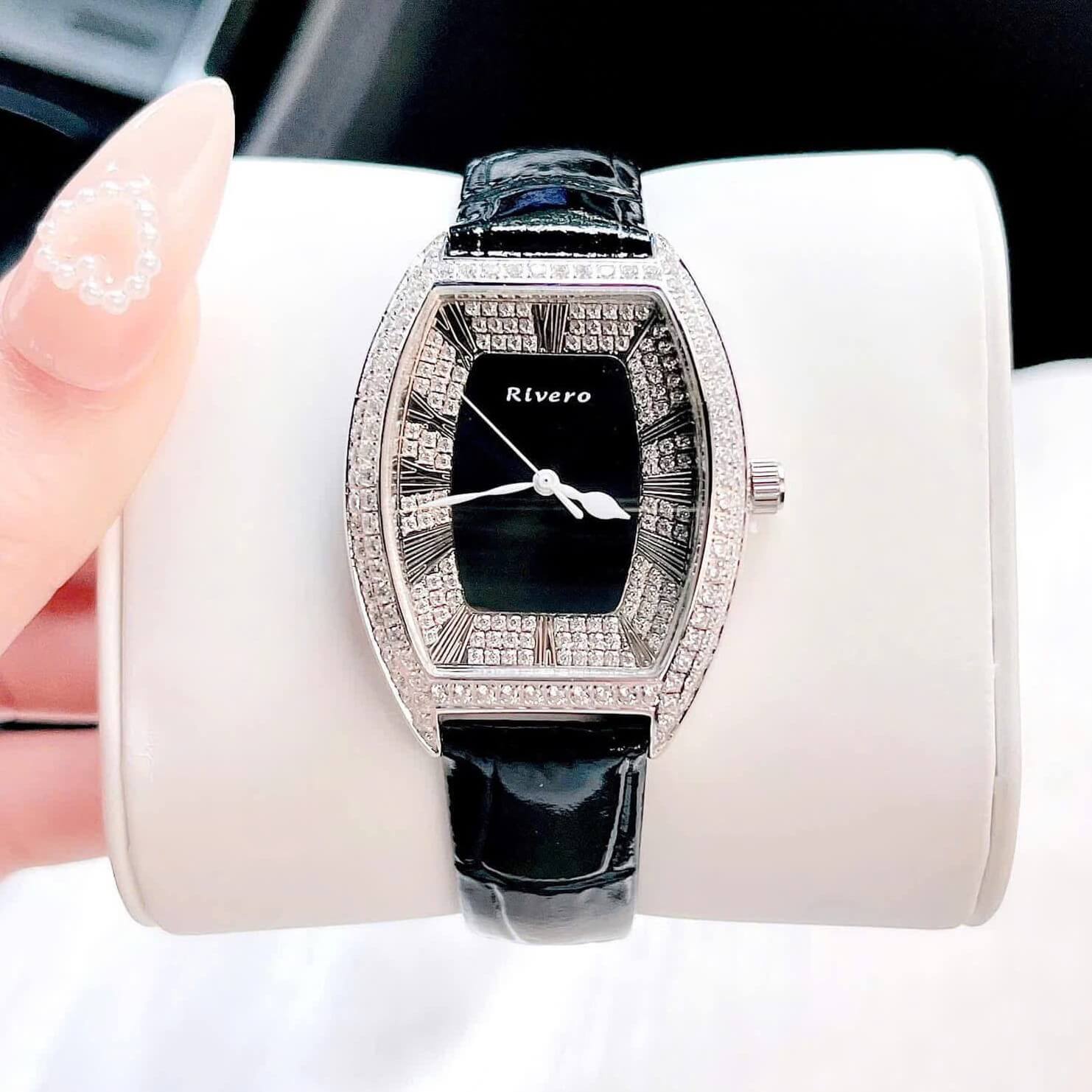 Đồng hồ Rivero nữ chính hãng, đồng hồ Rivero R9007 dây da đen vỏ silver size 34mm