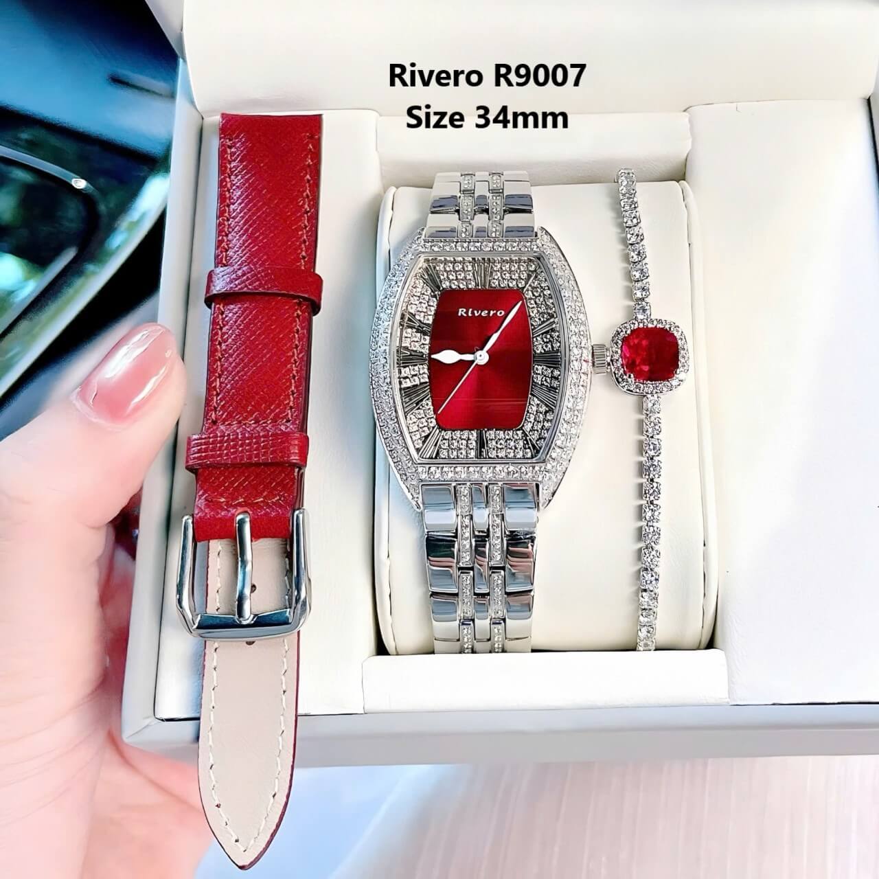 Set đồng hồ Rivero nữ chính hãng, đồng hồ Rivero R9007 dây kim loại bạc mặt đỏ size 34mm