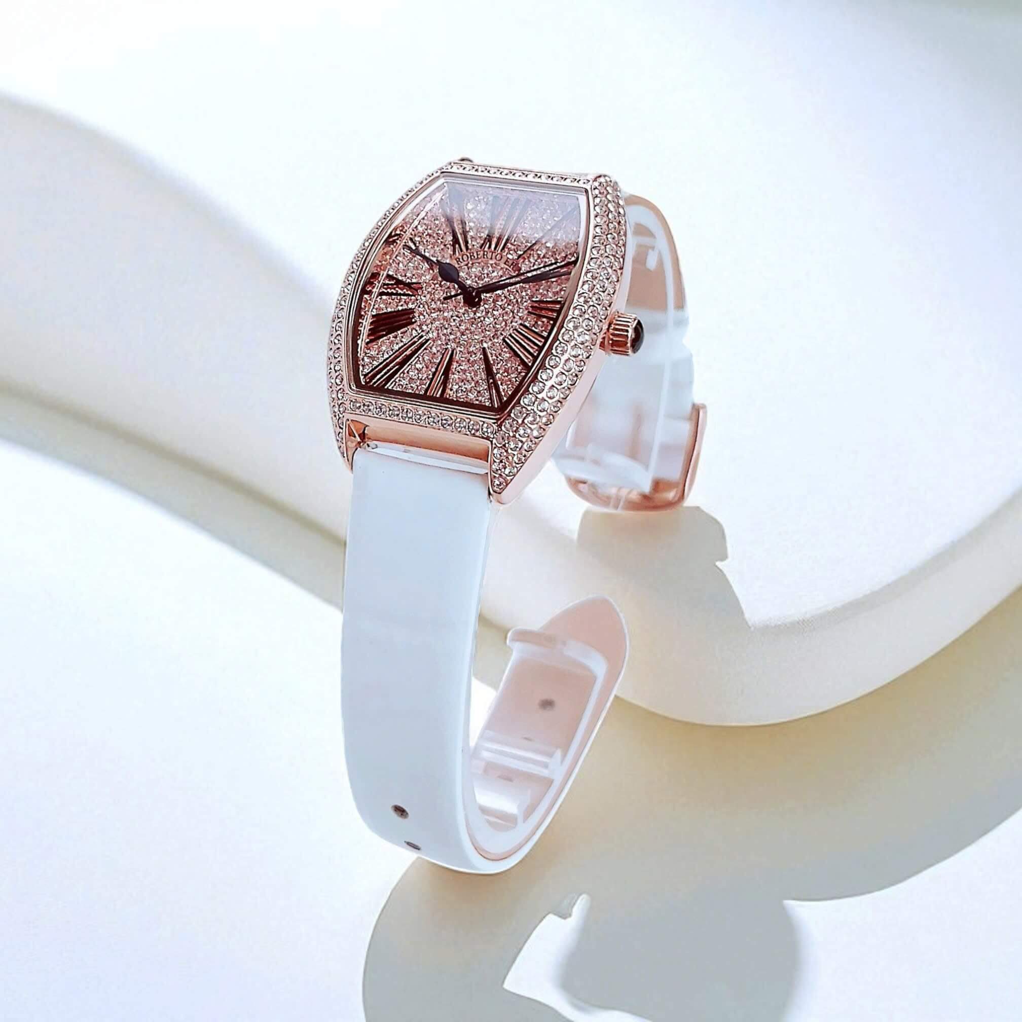 Đồng Hồ Nữ Robero Era Dây Da Trắng Chính Hãng Vỏ Rose Size 30x36mm Quartz