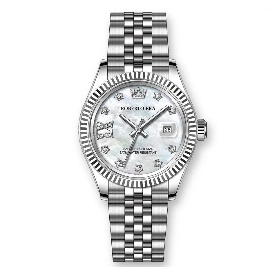 Đồng Hồ Nữ Roberto Era Dây Thép Silver Mặt Xà Cừ Trắng Niềng Khía Size 28mm RE1201