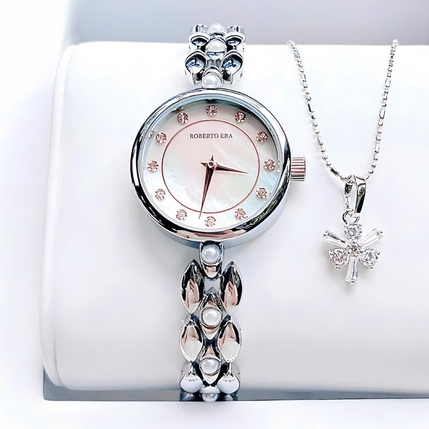 Set đồng hồ nữ chính hãng Roberto Era RE2801 màu bạc mặt xà cừ trắng, size mặt 28mm nhỏ xinh