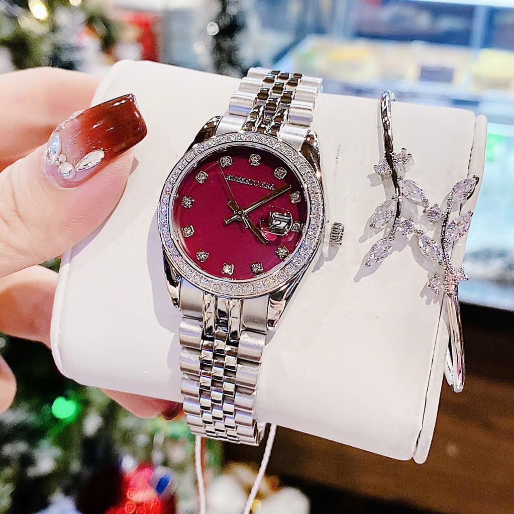 Set Đồng Hồ Nữ Roberto Era RE5651 Dây Thép Silver Mặt Tím Viền Đính Đá Size 31mm