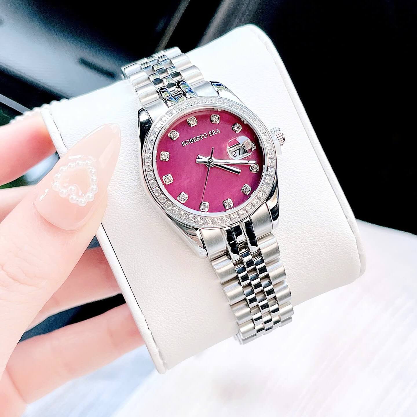 Set Đồng Hồ Nữ Roberto Era RE5651 Dây Silver Mặt Tím Đính Đá Size 31mm Kèm Lắc Tay