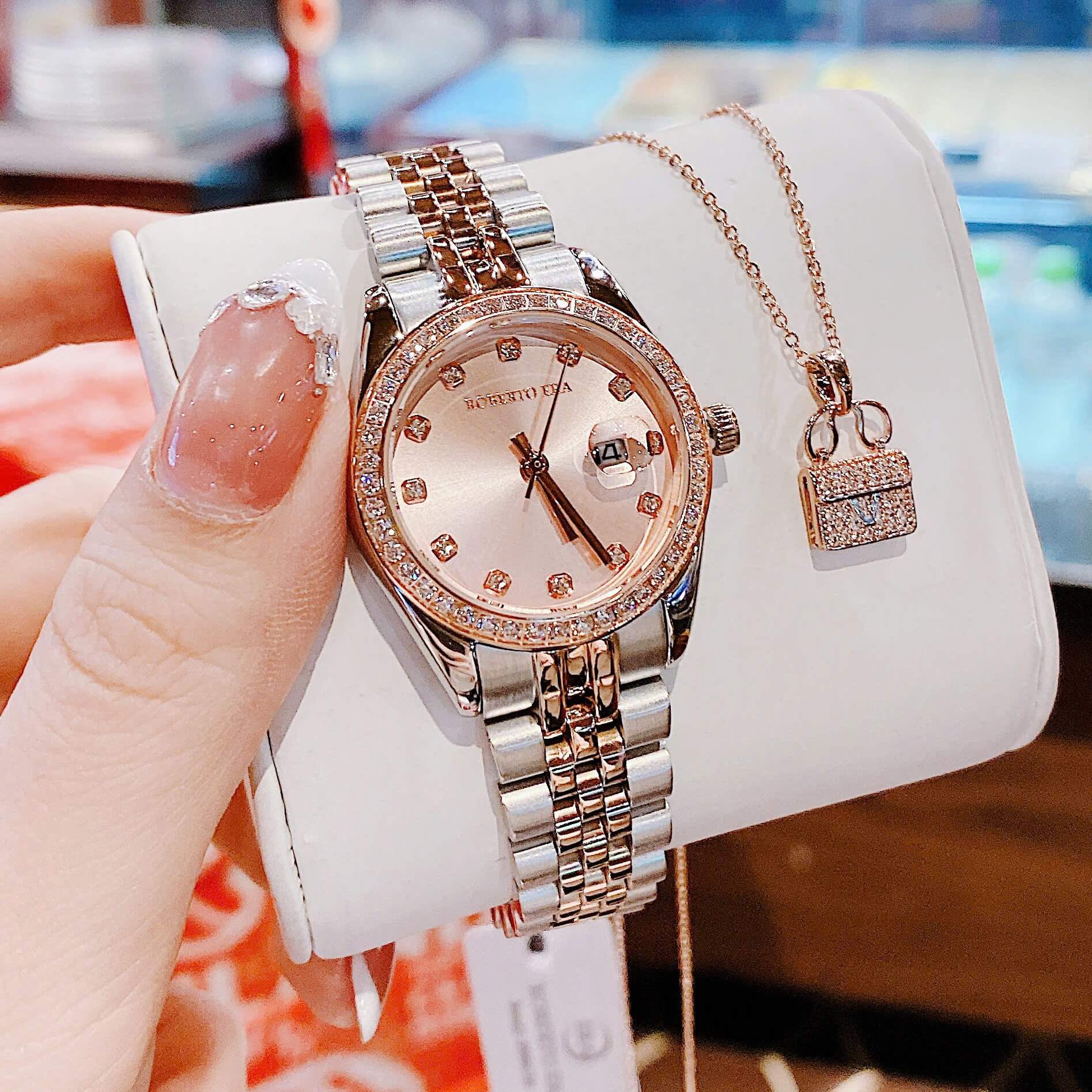 Set Đồng Hồ Nữ Roberto Era RE5650 Dây Thép Demi Vàng Hồng Viền Đính Đá Size 31mm