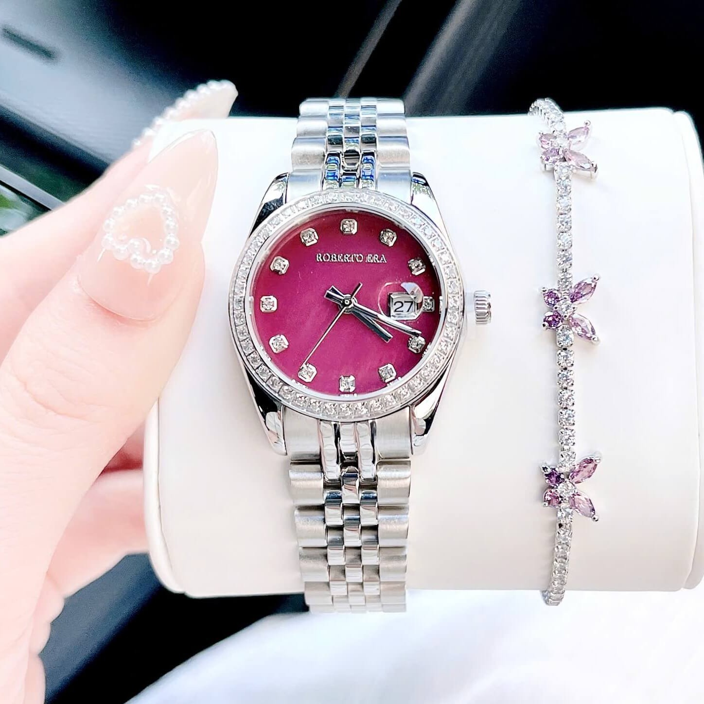 Set Đồng Hồ Nữ Roberto Era RE5651 Dây Silver Mặt Tím Đính Đá Size 31mm Kèm Lắc Tay