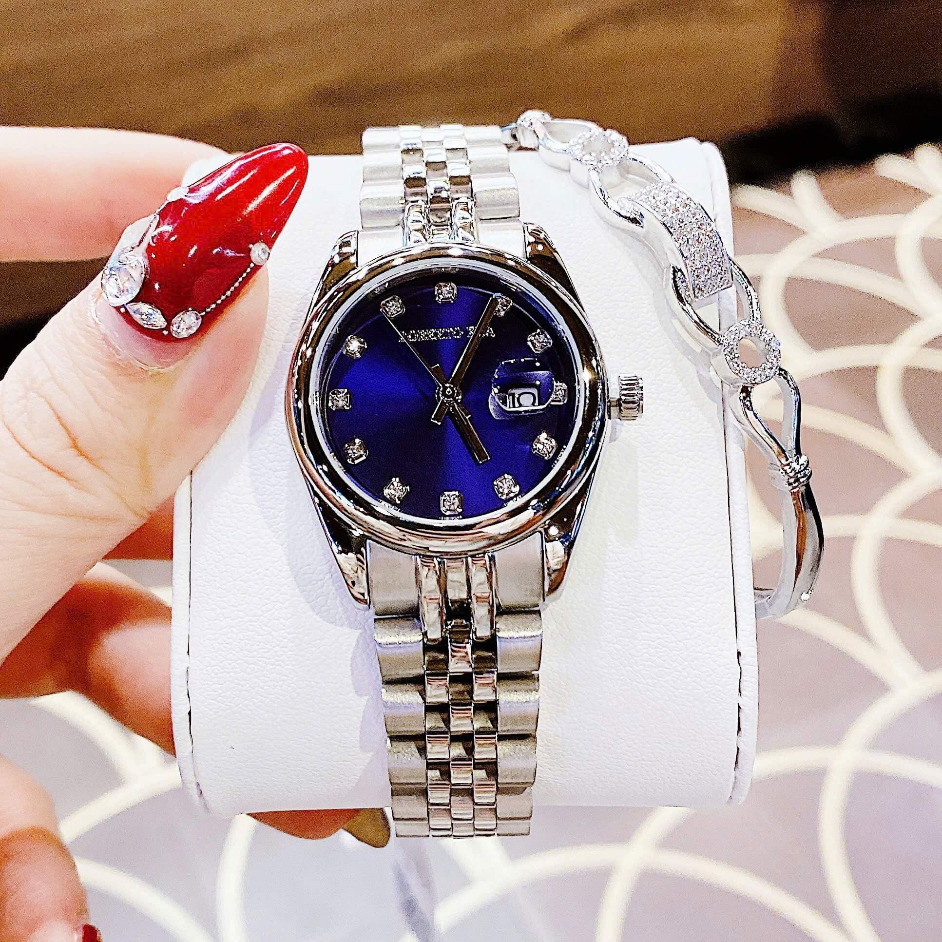 Set Đồng Hồ Nữ Roberto Era RE5684 Dây Thép Silver Mặt Xanh Dương Size 31mm