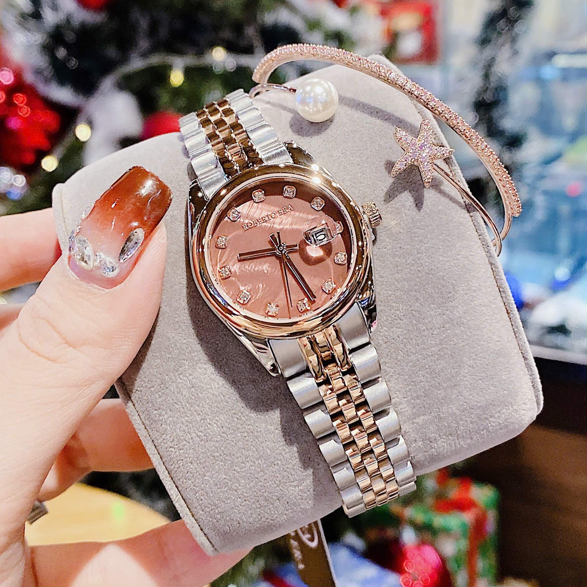 Set Đồng Hồ Nữ Roberto Era RE5681 Dây Thép Demi Rose Mặt Xà Cừ Nâu Size 31mm