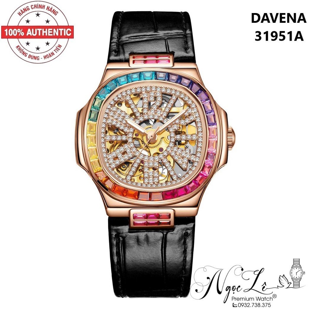 Đồng Hồ Nữ Davena Tự Động 31951A Dây Da Đen Rose Gold 34mm