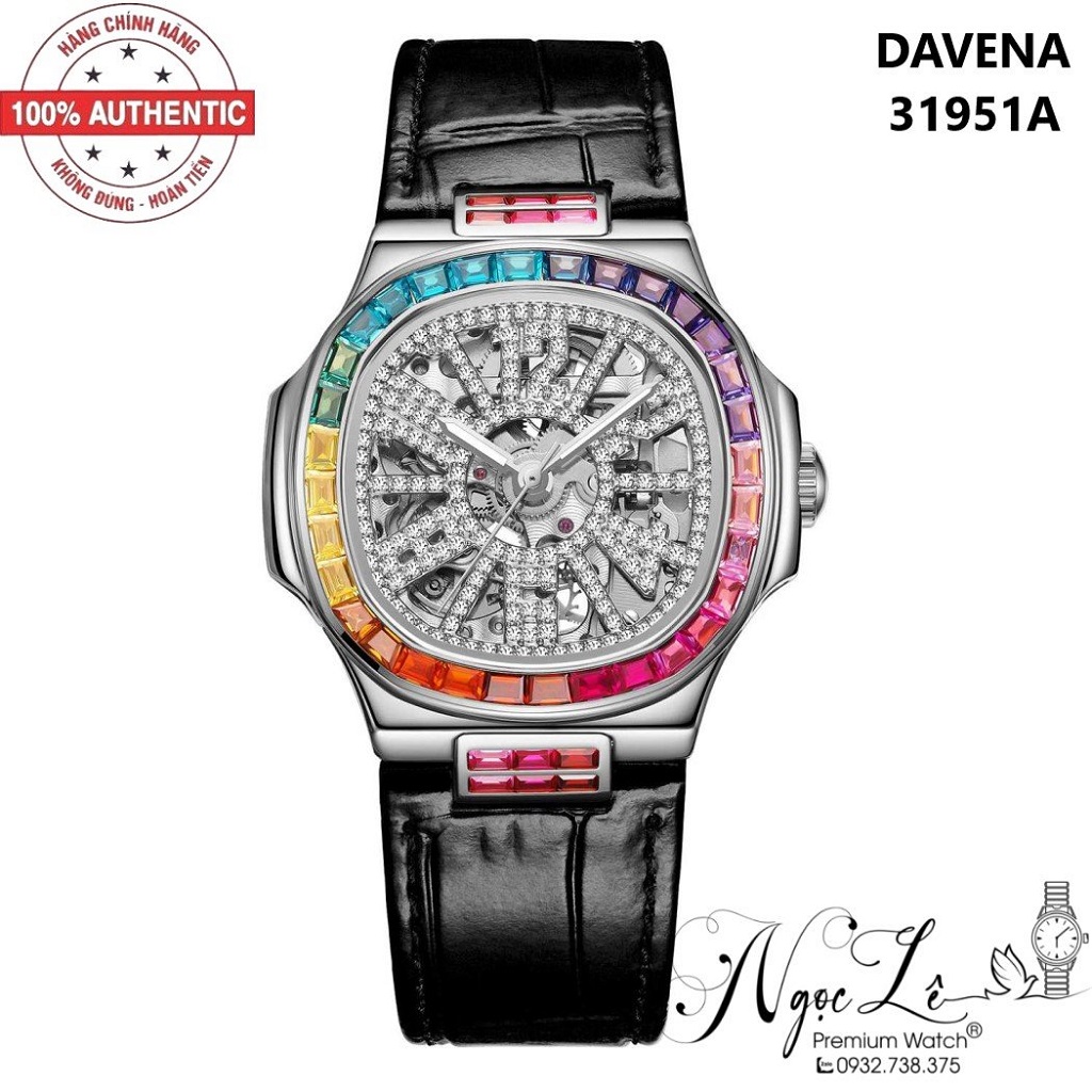 Đồng Hồ Nữ Davena Tự Động 31951A Dây Da Đen Silver 34mm