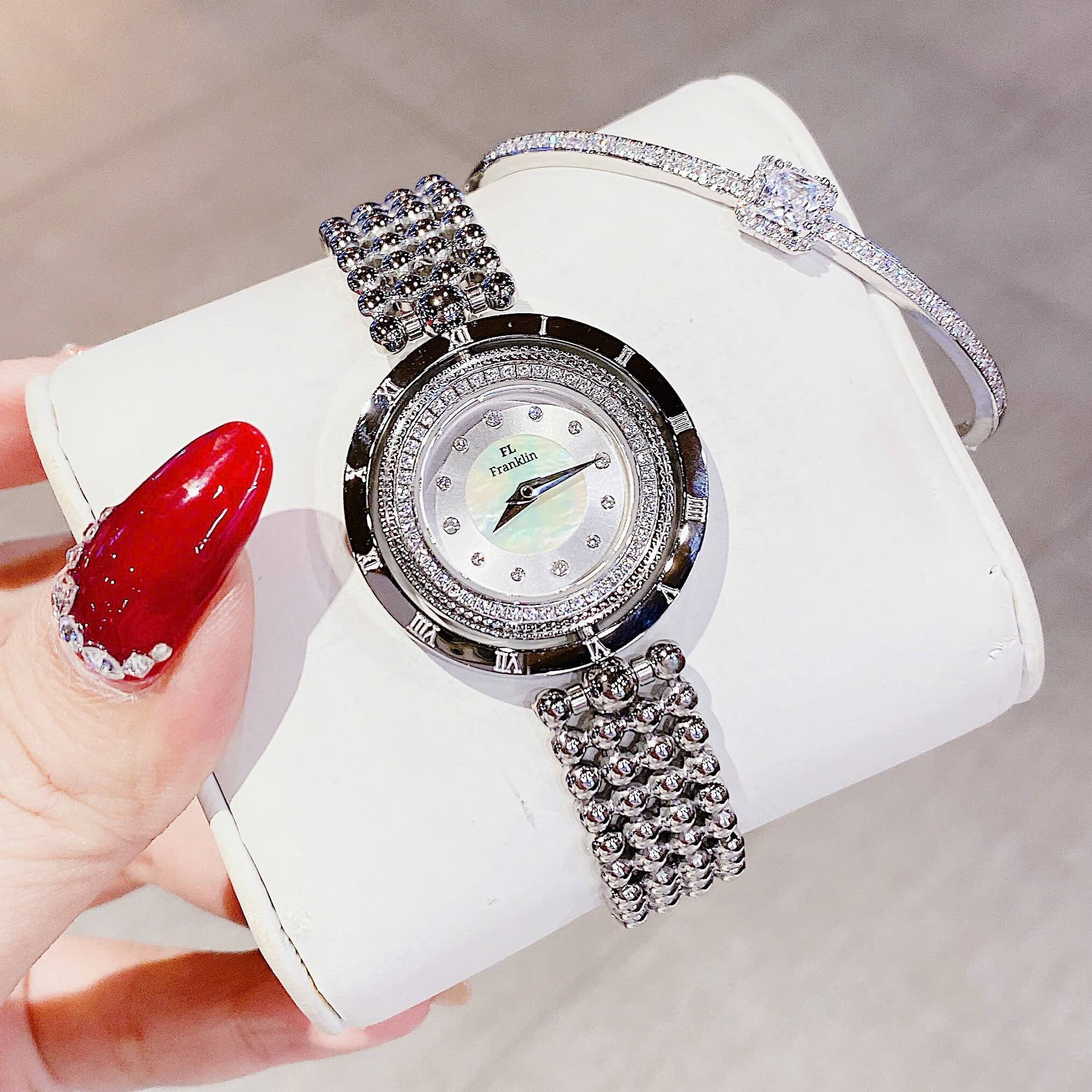 Đồng Hồ Nữ Franklin Dây Thép Silver Xà Cừ Trắng Mặt Xoay 360 Độ Size 32mm FL5488 Tặng Kèm Vòng Tay