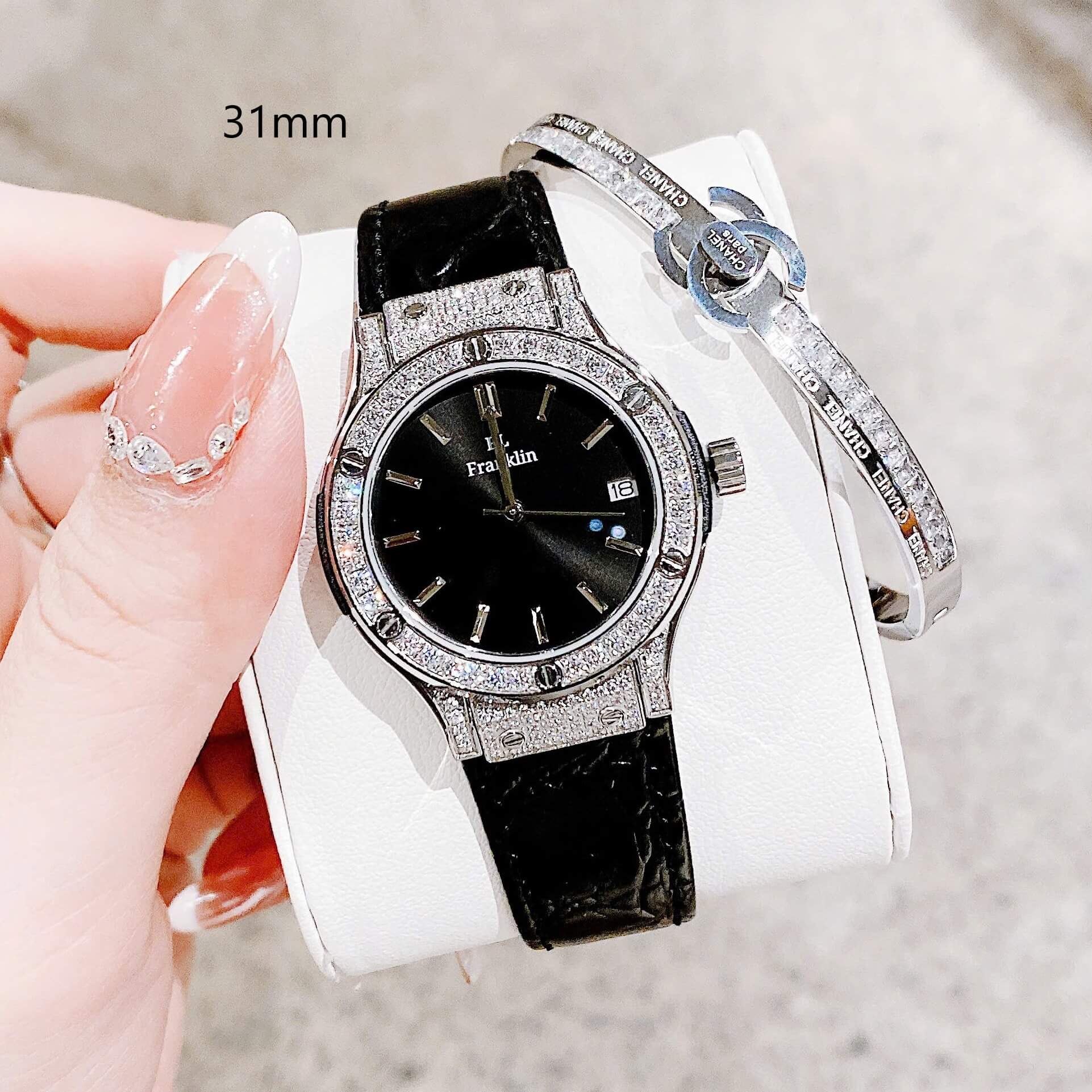 Đồng Hồ Nữ Franklin FL5223 Dây Da Đen Đính Đá Vỏ Silver Size 31mm Tặng Kèm Vòng Tay