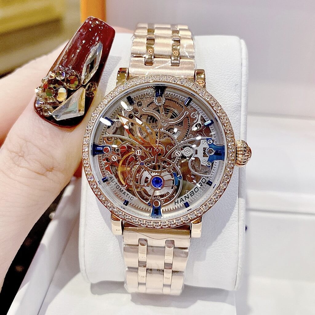 Đồng Hồ Nữ Hanboro Automatic (Tự Động) Lộ Máy Rose Gold 36mm Chính Hãng