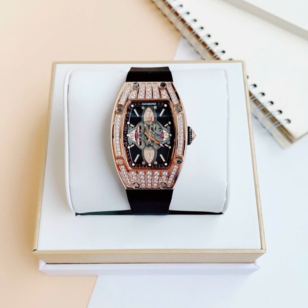 Đồng Hồ Nữ Hanboro Chính Hãng Dây Cao Su Đen Vỏ Rose Size 36mm Viền Đá Quartz