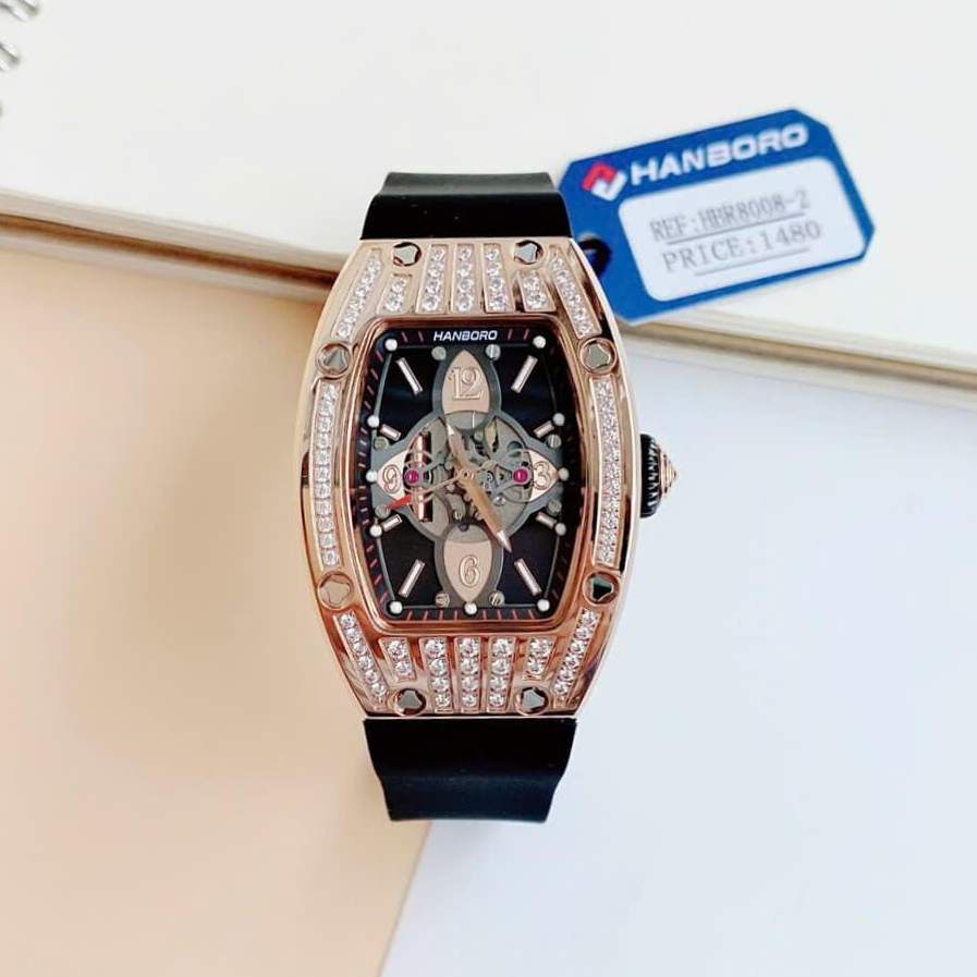 Đồng Hồ Nữ Hanboro Chính Hãng Dây Cao Su Đen Vỏ Rose Size 36mm Viền Đá Quartz