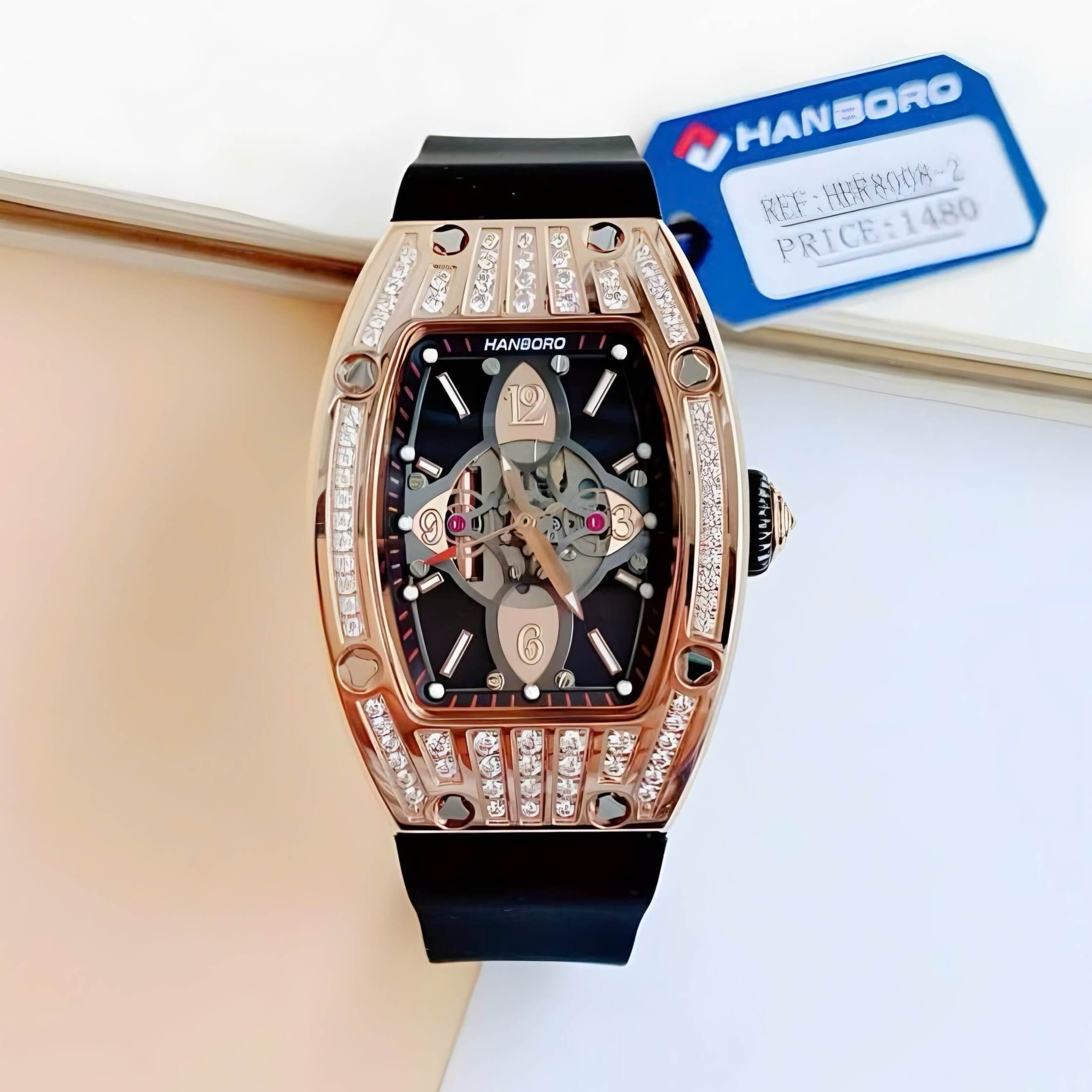 Đồng Hồ Nữ Hanboro Chính Hãng Dây Cao Su Đen Vỏ Rose Size 36mm Viền Đá Quartz