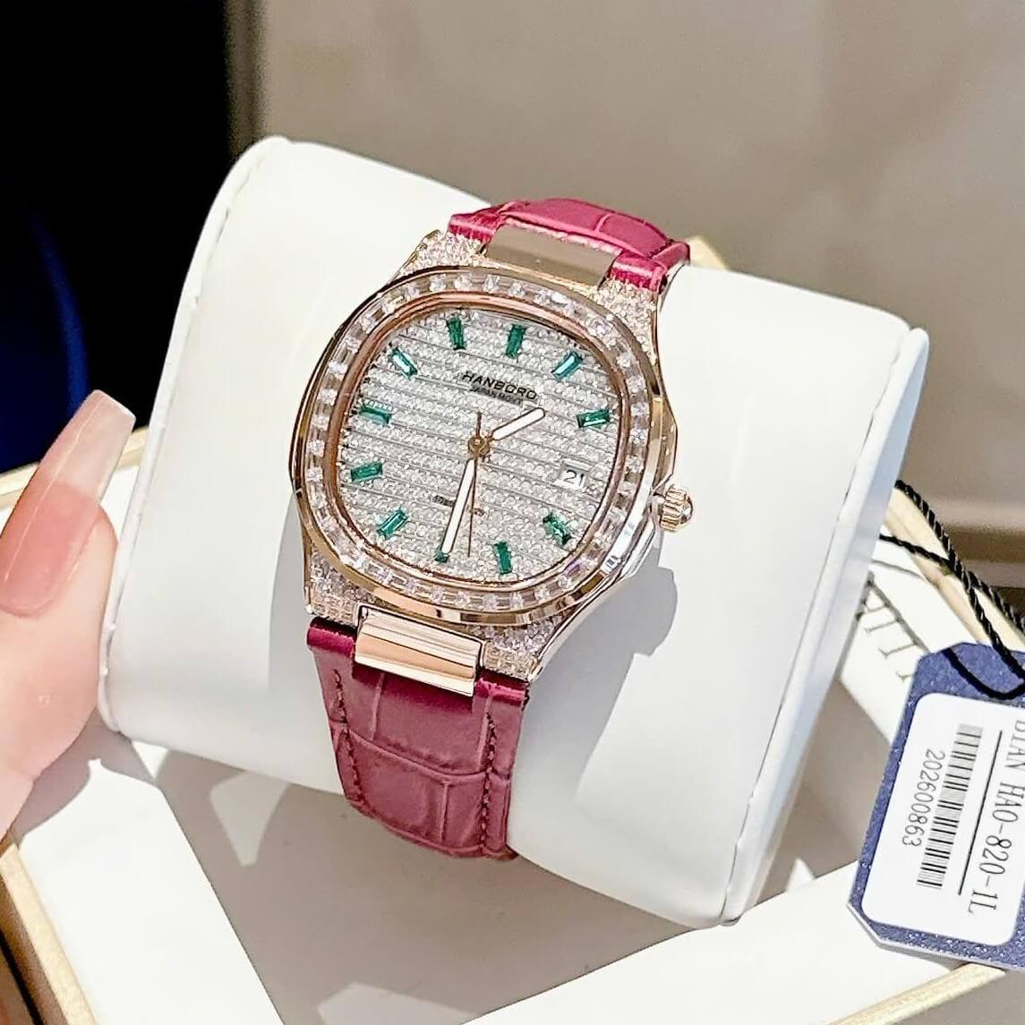 Đồng Hồ Nữ Hanboro Dây Da Tím Mặt Đính Đá Rose Size 36mm Quartz Japan Chính Hãng
