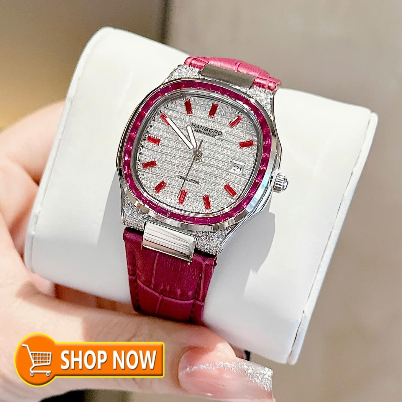 Đồng Hồ Nữ Hanboro Dây Da Tím Mặt Đính Đá Tím Size 36mm Quartz Japan Chính Hãng