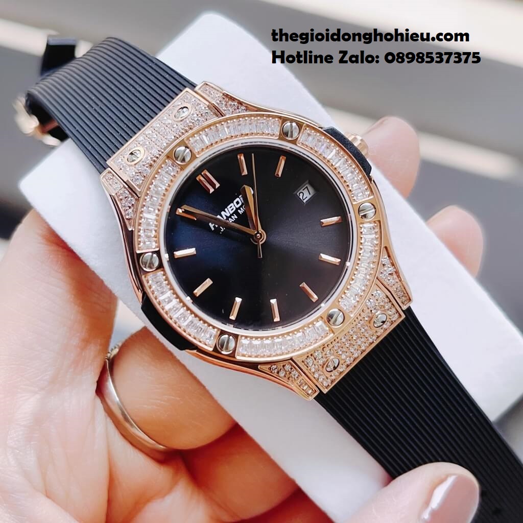 Đồng Hồ Nữ Hanboro Dây Silicone Đen Vỏ Rose Gold 33mm