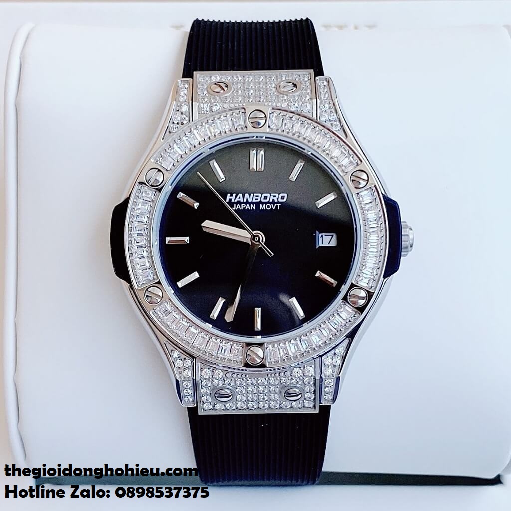 Đồng Hồ Nữ Hanboro Dây Silicone Đen Vỏ Silver 33mm