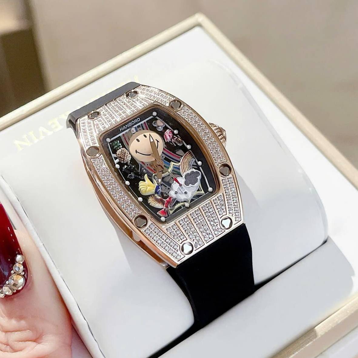 Đồng Hồ Nữ Hanboro Mặt Cười Dây Cao Su Đen Chính Hãng Đính Đá Rose Gold Mặt Size 36mm Quartz