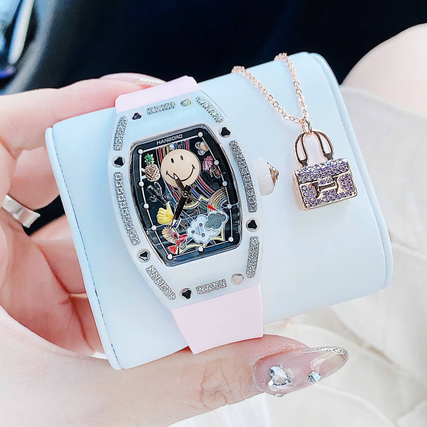 Set Đồng Hồ Nữ Hanboro Mặt Cười Dây Cao Su Hồng Chính Hãng Mặt Vỏ Đá Ceramic Size 36mm Quartz