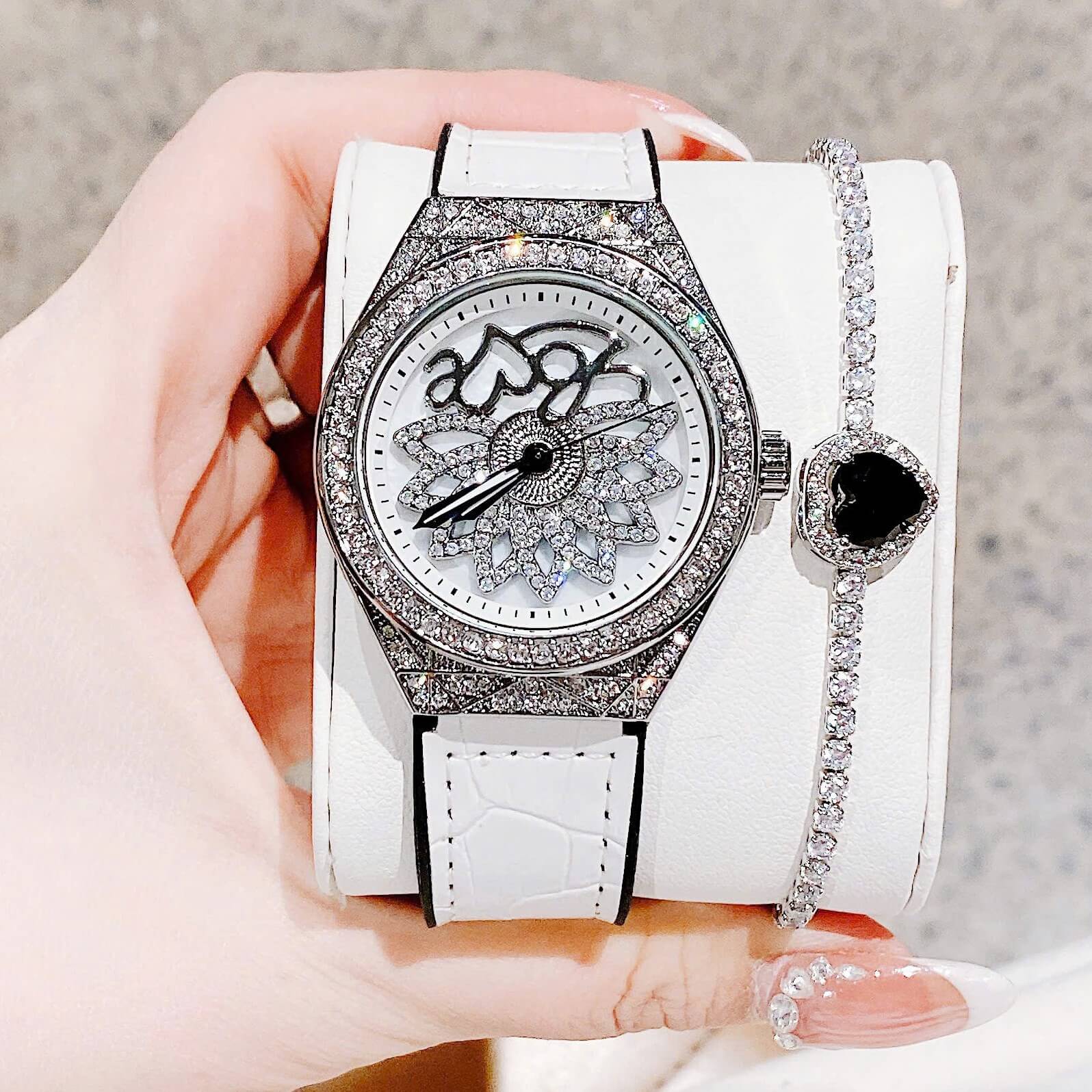 Đồng Hồ Nữ Hanboro Mặt Hoa Xoay Chính Hãng Dây Da Trắng Vỏ Bạc Đính Đá Size 38mm Viền Đá Tặng Kèm Vòng Tay