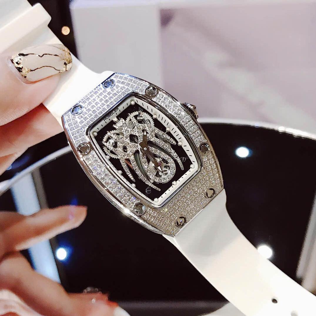 Đồng Hồ Nữ Hanboro Mặt Nhện Dây Cao Su Trắng Chính Hãng Đính Đá Silver Size 31x44mm Quartz