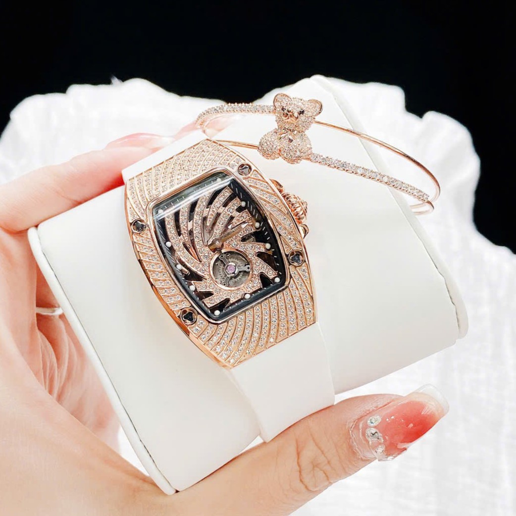 Đồng Hồ Nữ Hanboro Mặt Ovan Xoáy Kim Loại Vàng Hồng Đính Full Đá Dây Cao Su Trắng Size 36mm