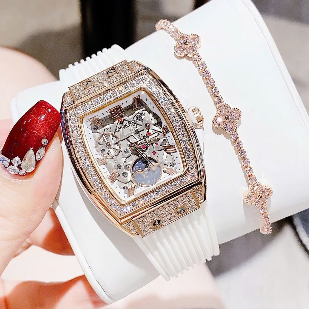 Đồng Hồ Nữ Hanboro Moonphase Chính Hãng Dây Cao Su Trắng Đính Đá Rose Size 36mm Quartz