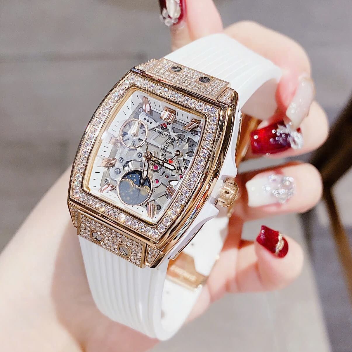 Đồng Hồ Nữ Hanboro Moonphase Chính Hãng Dây Cao Su Trắng Đính Đá Rose Size 36mm Quartz