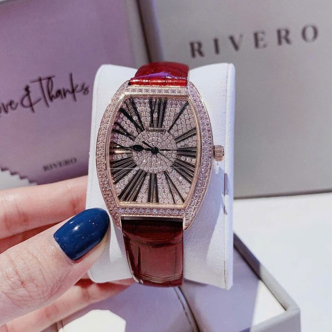 Đồng Hồ Nữ Rivero R2603 Dây Da Đỏ Vỏ Rose Gold Size 32mm Quartz Japan